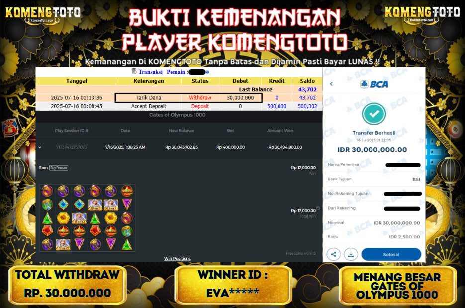 LAGI & LAGI!! KEMENANGAN BESAR DI SLOT  GATES OF OLYMPUS 1000 SEBESAR Rp.30.000.000 KOMENGTOTO BAYAR LUNAS SECEPAT KILAT !! KOMENGTOTO BAYAR SECEPAT KILAT !!