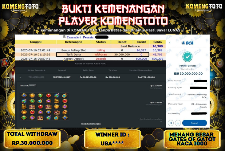LAGI & LAGI!! KEMENANGAN BESAR DI SLOT  GATES OF GATOT KACA 1000  SEBESAR Rp.30.000.000 KOMENGTOTO BAYAR LUNAS SECEPAT KILAT !! KOMENGTOTO BAYAR SECEPAT KILAT !!