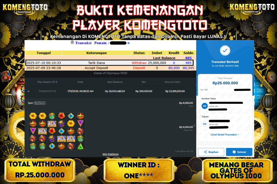 LAGI & LAGI!! KEMENANGAN BESAR DI SLOT  GATES OF OLYMPUS 1000  SEBESAR Rp.25.000.000 KOMENGTOTO BAYAR LUNAS SECEPAT KILAT !! KOMENGTOTO BAYAR SECEPAT KILAT !!