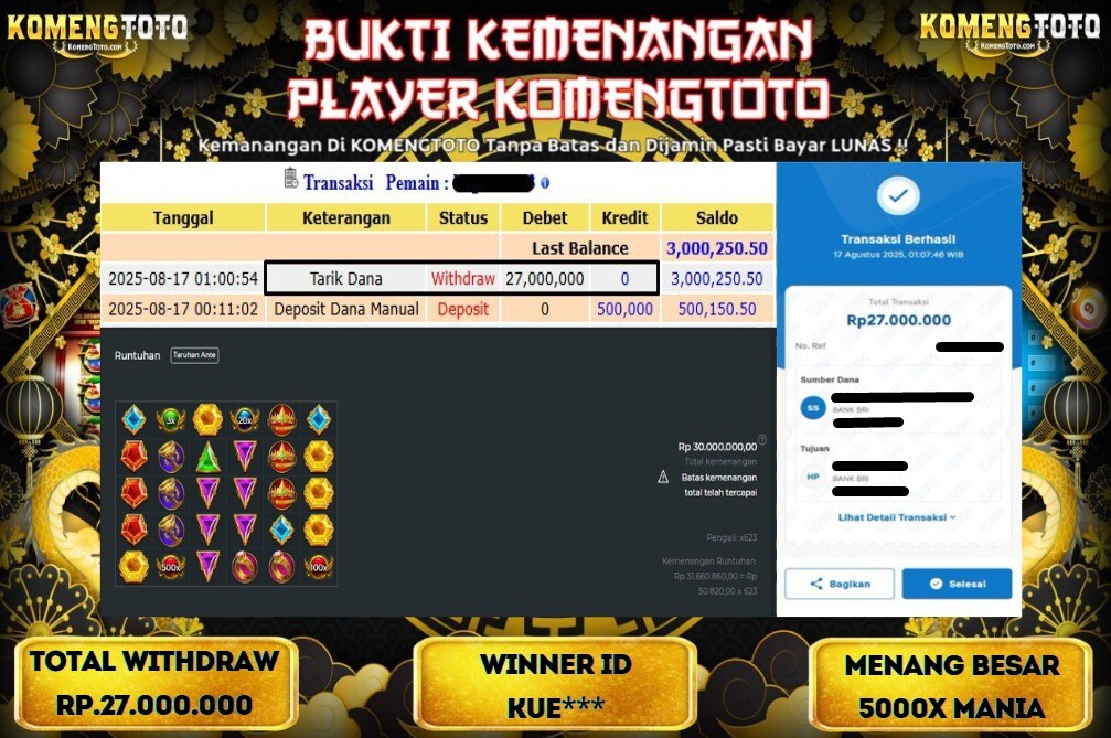 LAGI & LAGI!! KEMENANGAN BESAR DI SLOT 5000X MANIA SEBESAR Rp.27.000.000 KOMENGTOTO BAYAR LUNAS SECEPAT KILAT !! KOMENGTOTO BAYAR SECEPAT KILAT !!