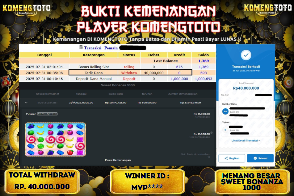 LAGI & LAGI!! KEMENANGAN BESAR DI SLOT SWEET BONANZA 1000  SEBESAR Rp.40.000.000 KOMENGTOTO BAYAR LUNAS SECEPAT KILAT !! KOMENGTOTO BAYAR SECEPAT KILAT !!