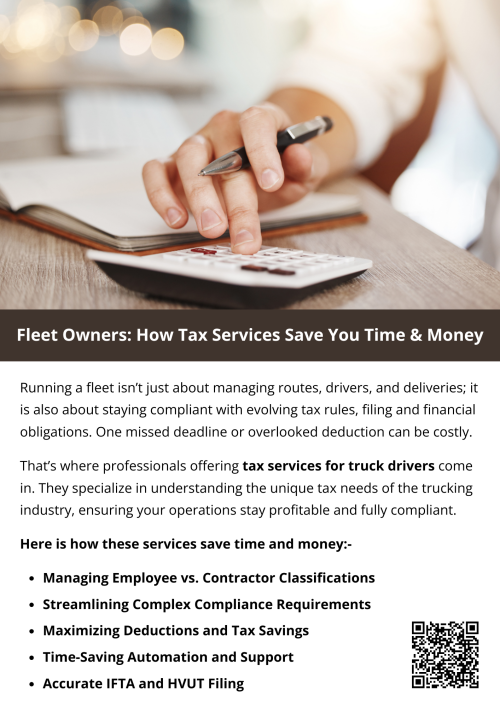 Fleet management is already demanding without the added stress of taxes. Investing in a professional tax service for truck drivers is not just about filing returns—it’s about creating financial clarity, improving compliance, and driving long-term savings. With the right experts on your side, you’ll gain peace of mind, reduce risks, and keep your fleet focused on what matters most: staying on the road and making money. To know more visit here https://www.truckersprocpa.ca/trucking-tax-planning-preparation-services