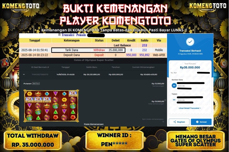 LAGI & LAGI!! KEMENANGAN BESAR DI SLOT GATES OF OLYMPUS SUPER SCATTER SEBESAR Rp.35.000.000 KOMENGTOTO BAYAR LUNAS SECEPAT KILAT !! KOMENGTOTO BAYAR SECEPAT KILAT !!
