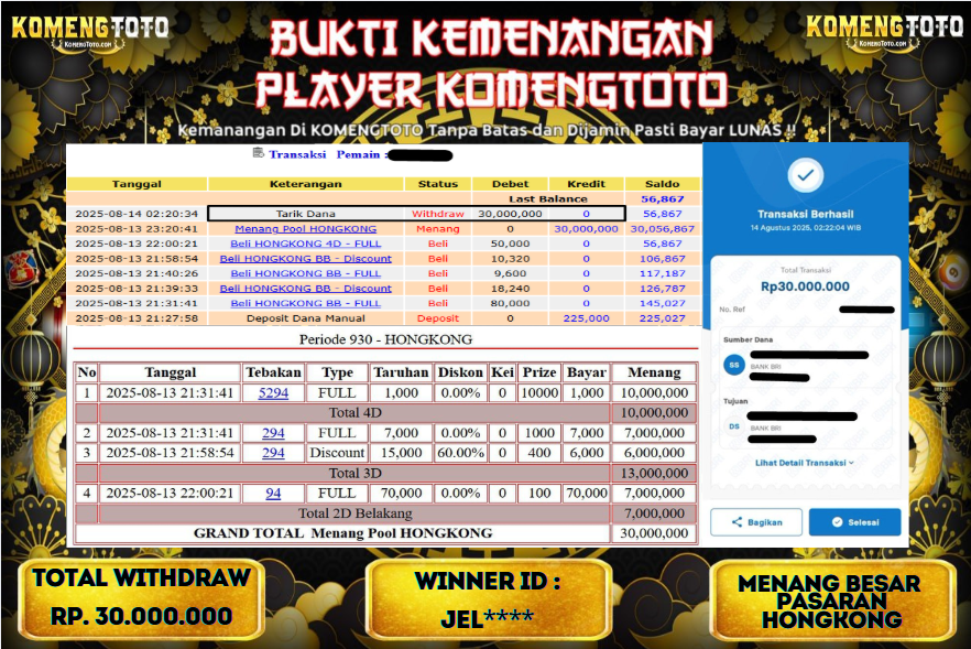 LAGI & LAGI!! KEMENANGAN BESAR DI PASARAN HONGKONG  SEBESAR Rp.30.000.000 KOMENGTOTO BAYAR LUNAS SECEPAT KILAT !! KOMENGTOTO BAYAR SECEPAT KILAT !!