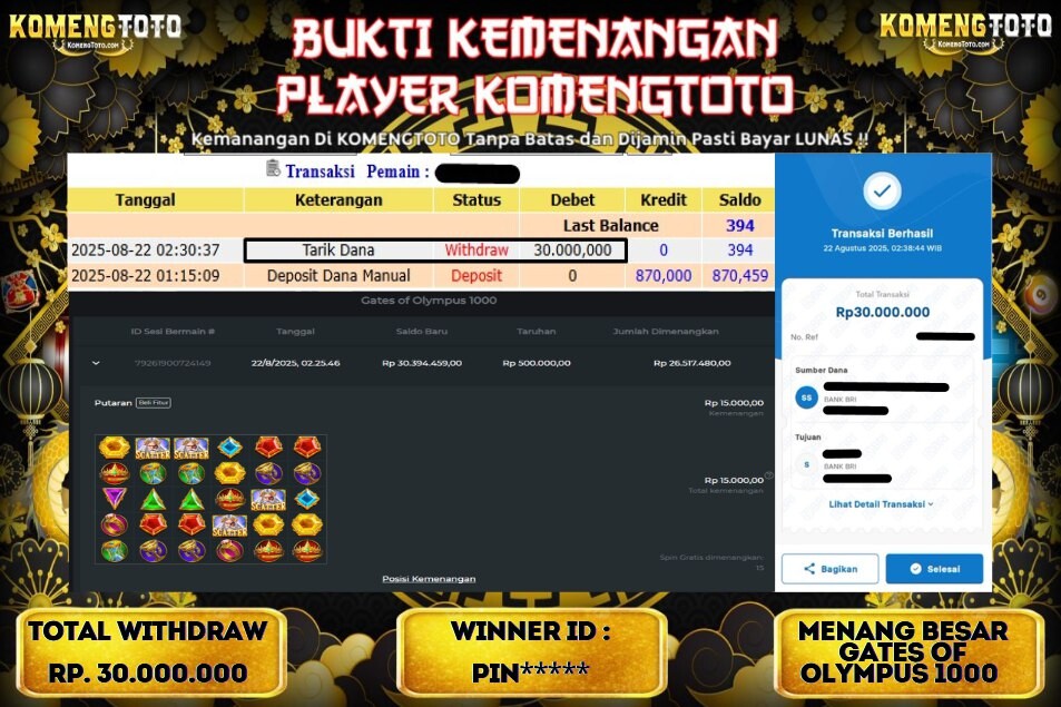 LAGI & LAGI!! KEMENANGAN BESAR DI SLOT GATES OF OLYMPUS 1000  SEBESAR Rp.30.000.000 KOMENGTOTO BAYAR LUNAS SECEPAT KILAT !! KOMENGTOTO BAYAR SECEPAT KILAT !!