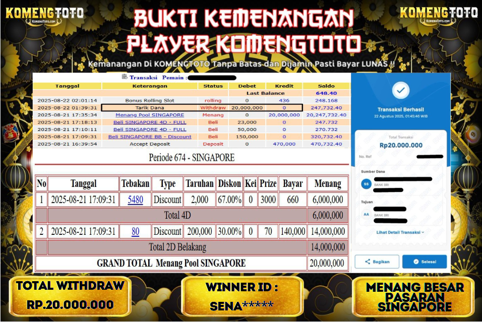 LAGI & LAGI!! KEMENANGAN BESAR DI PASARAN SINGAPORE SEBESAR Rp.20.000.000 KOMENGTOTO BAYAR LUNAS SECEPAT KILAT !! KOMENGTOTO BAYAR SECEPAT KILAT !!