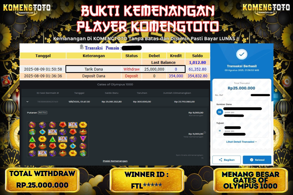 LAGI & LAGI!! KEMENANGAN BESAR DI SLOT GATES OF OLYMPUS 1000  SEBESAR Rp.25.000.000 KOMENGTOTO BAYAR LUNAS SECEPAT KILAT !! KOMENGTOTO BAYAR SECEPAT KILAT !!