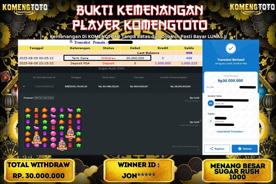 LAGI & LAGI!! KEMENANGAN BESAR DI SLOT SUGAR RUSH 1000  SEBESAR Rp.30.000.000 KOMENGTOTO BAYAR LUNAS SECEPAT KILAT !! KOMENGTOTO BAYAR SECEPAT KILAT !!