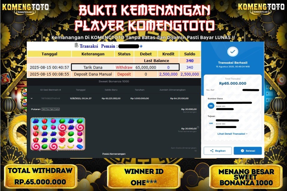 LAGI & LAGI!! KEMENANGAN BESAR DI SLOT SWEET BONANZA 1000  SEBESAR Rp.65.000.000  KOMENGTOTO BAYAR LUNAS SECEPAT KILAT !! KOMENGTOTO BAYAR SECEPAT KILAT !!