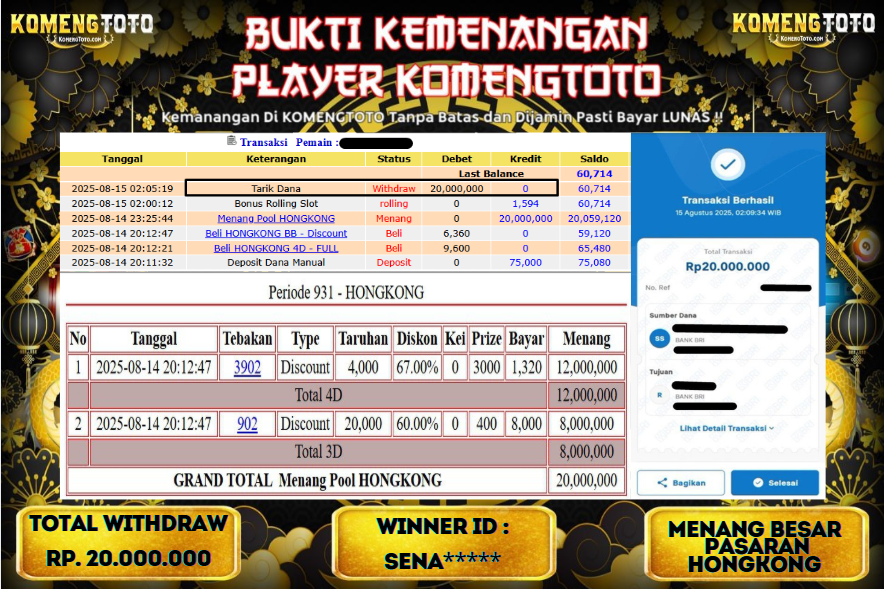 LAGI & LAGI!! KEMENANGAN BESAR DI PASARAN HONGKONG  SEBESAR Rp.20.000.000 KOMENGTOTO BAYAR LUNAS SECEPAT KILAT !! KOMENGTOTO BAYAR SECEPAT KILAT !!