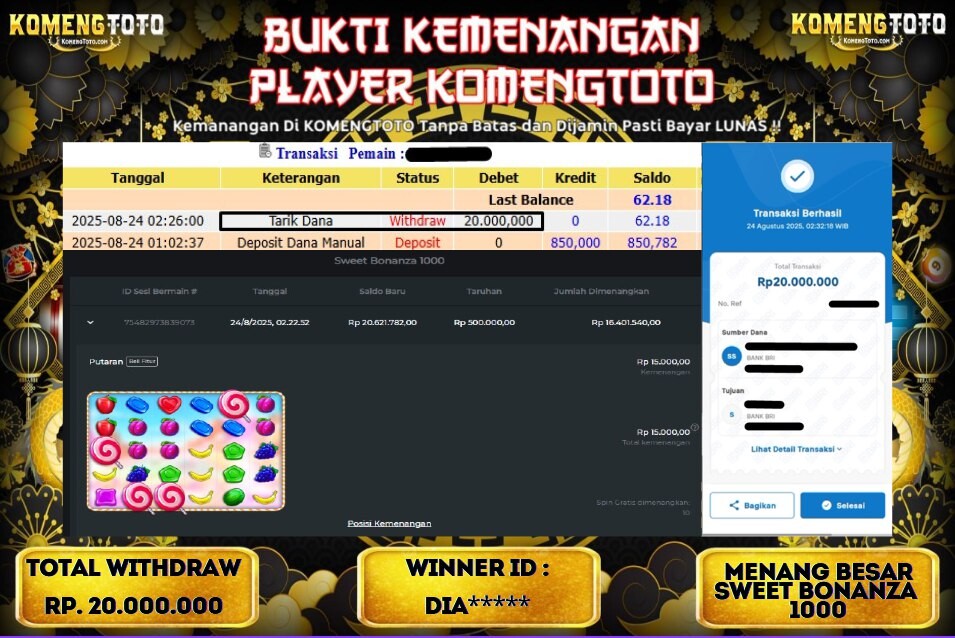 LAGI & LAGI!! KEMENANGAN BESAR DI SLOT SWEET BONANZA 1000  SEBESAR Rp.20.000.000  KOMENGTOTO BAYAR LUNAS SECEPAT KILAT !! KOMENGTOTO BAYAR SECEPAT KILAT !!