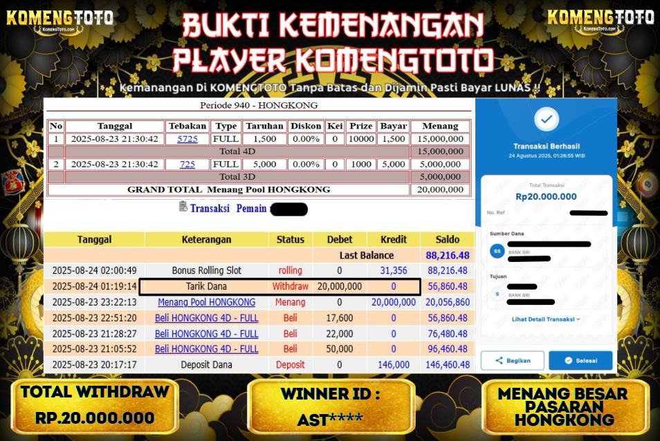 LAGI & LAGI!! KEMENANGAN BESAR DI PASARAN HONGKONG SEBESAR Rp.20.000.000 KOMENGTOTO BAYAR LUNAS SECEPAT KILAT !! KOMENGTOTO BAYAR SECEPAT KILAT !!