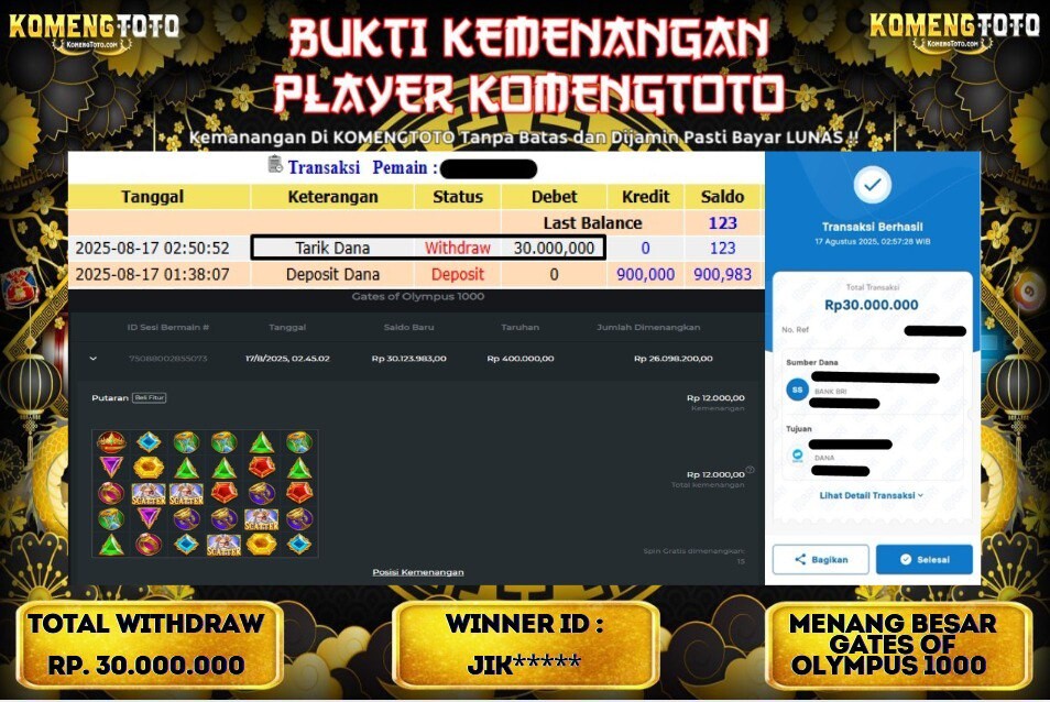 LAGI & LAGI!! KEMENANGAN BESAR DI SLOT GATES OF OLYMPUS 1000 SEBESAR Rp.30.000.000 KOMENGTOTO BAYAR LUNAS SECEPAT KILAT !! KOMENGTOTO BAYAR SECEPAT KILAT !!