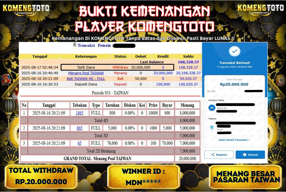 LAGI & LAGI!! KEMENANGAN BESAR DI PASARAN TAIWAN  SEBESAR Rp.20.000.000 KOMENGTOTO BAYAR LUNAS SECEPAT KILAT !! KOMENGTOTO BAYAR SECEPAT KILAT !!