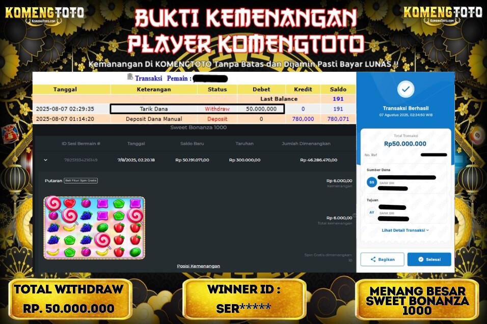LAGI & LAGI!! KEMENANGAN BESAR DI SLOT SWEET BONANZA 1000  SEBESAR Rp.50.000.000 KOMENGTOTO BAYAR LUNAS SECEPAT KILAT !! KOMENGTOTO BAYAR SECEPAT KILAT !!