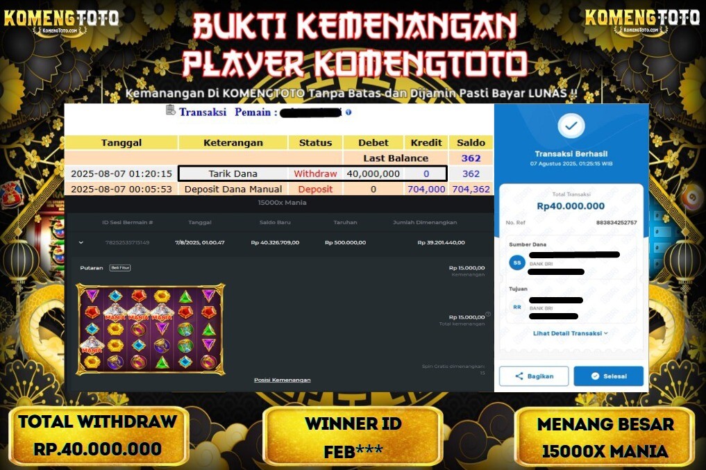 LAGI & LAGI!! KEMENANGAN BESAR DI SLOT 15000X MANIA SEBESAR Rp.40.000.000 KOMENGTOTO BAYAR LUNAS SECEPAT KILAT !! KOMENGTOTO BAYAR SECEPAT KILAT !!