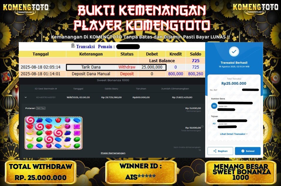 LAGI & LAGI!! KEMENANGAN BESAR DI SLOT SWEET BONANZA 1000  SEBESAR Rp.25.000.000  KOMENGTOTO BAYAR LUNAS SECEPAT KILAT !! KOMENGTOTO BAYAR SECEPAT KILAT !!