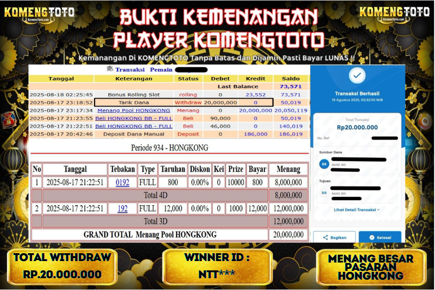 LAGI & LAGI!! KEMENANGAN BESAR DI PASARAN HONGKONG SEBESAR Rp.20.000.000 KOMENGTOTO BAYAR LUNAS SECEPAT KILAT !! KOMENGTOTO BAYAR SECEPAT KILAT !!