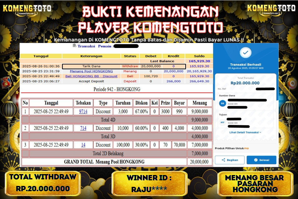 LAGI & LAGI!! KEMENANGAN BESAR DI PASARAN HONGKONG  SEBESAR Rp.20.000.000 KOMENGTOTO BAYAR LUNAS SECEPAT KILAT !! KOMENGTOTO BAYAR SECEPAT KILAT !!