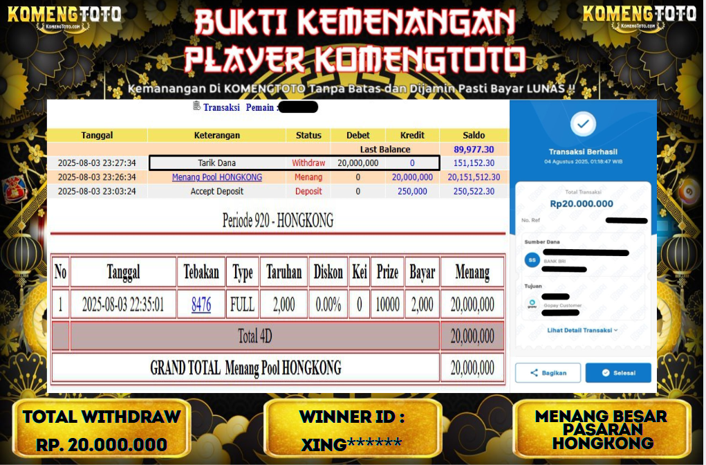 LAGI & LAGI!! KEMENANGAN BESAR DI PASARAN HONGKONG  SEBESAR Rp.20.000.000 KOMENGTOTO BAYAR LUNAS SECEPAT KILAT !! KOMENGTOTO BAYAR SECEPAT KILAT !!