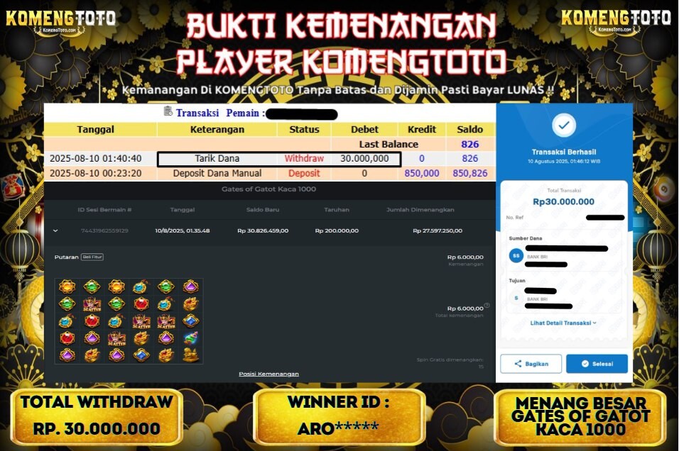 LAGI & LAGI!! KEMENANGAN BESAR DI SLOT GATES OF GATOT KACA 1000  SEBESAR Rp.30.000.000 KOMENGTOTO BAYAR LUNAS SECEPAT KILAT !! KOMENGTOTO BAYAR SECEPAT KILAT !!
