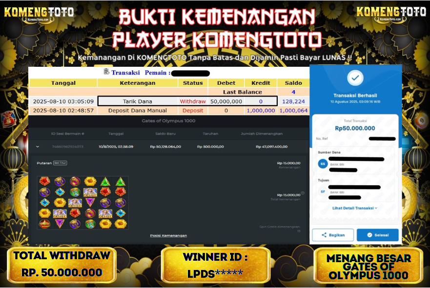 LAGI & LAGI!! KEMENANGAN BESAR DI SLOT GATES OF OLYMPYUS 1000  SEBESAR Rp.50.000.000 KOMENGTOTO BAYAR LUNAS SECEPAT KILAT !! KOMENGTOTO BAYAR SECEPAT KILAT !!