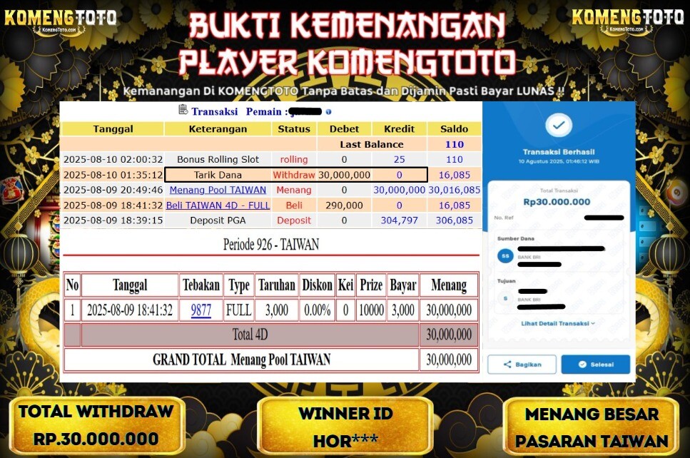 LAGI & LAGI!! KEMENANGAN BESAR DI PASARAN TAIWAN SEBESAR Rp.30.000.000 KOMENGTOTO BAYAR LUNAS SECEPAT KILAT !! KOMENGTOTO BAYAR SECEPAT KILAT !!