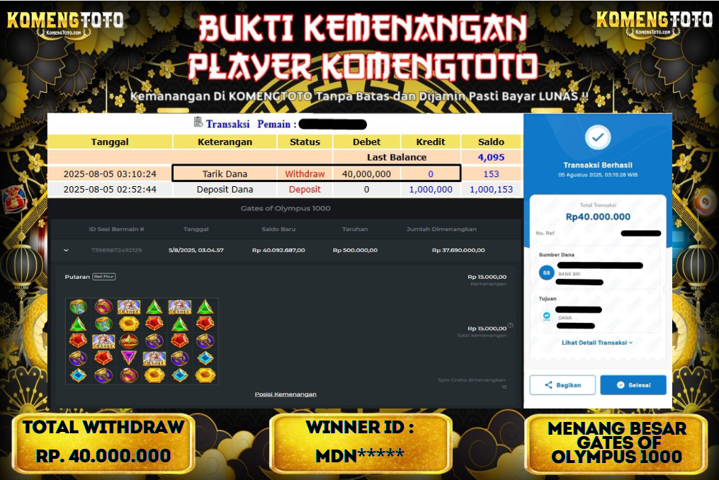 LAGI & LAGI!! KEMENANGAN BESAR DI SLOT GATES OF OLYMPYUS 1000  SEBESAR Rp.40.000.000 KOMENGTOTO BAYAR LUNAS SECEPAT KILAT !! KOMENGTOTO BAYAR SECEPAT KILAT !!