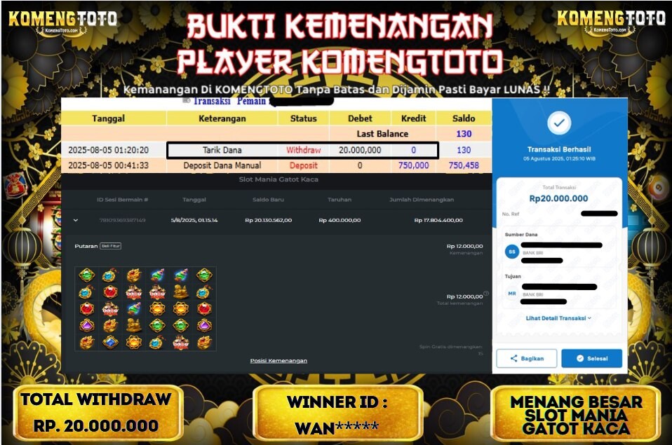 LAGI & LAGI!! KEMENANGAN BESAR DI SLOT MANIA GATOT KACA  SEBESAR Rp.20.000.000 KOMENGTOTO BAYAR LUNAS SECEPAT KILAT !! KOMENGTOTO BAYAR SECEPAT KILAT !!