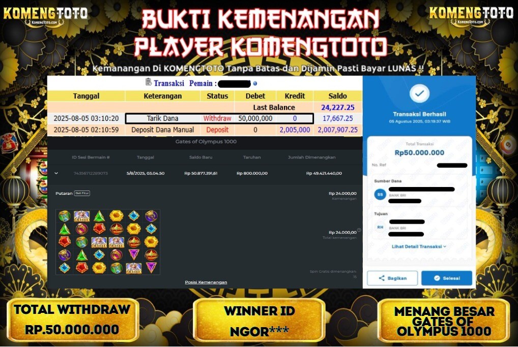 LAGI & LAGI!! KEMENANGAN BESAR DI SLOT GATES OF OLYMPYUS 1000  SEBESAR Rp.50.000.000 KOMENGTOTO BAYAR LUNAS SECEPAT KILAT !! KOMENGTOTO BAYAR SECEPAT KILAT !!