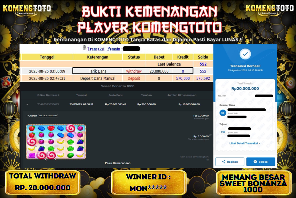 LAGI & LAGI!! KEMENANGAN BESAR DI SLOT SWEET BONANZA 1000 SEBESAR Rp.20.000.000 KOMENGTOTO BAYAR LUNAS SECEPAT KILAT !! KOMENGTOTO BAYAR SECEPAT KILAT !!