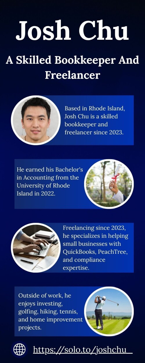 Based in Rhode Island, Josh Chu is a skilled bookkeeper dedicated to aiding small businesses. He graduated with a Bachelor's in Accounting from the University of Rhode Island in 2022 and has been freelancing since 2023. Josh's expertise includes QuickBooks, PeachTree, and managing budgets. In his free time, he enjoys investing, golfing, hiking, tennis, and home projects.