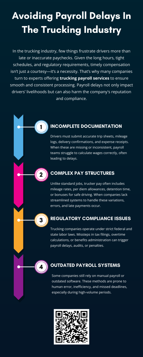Avoiding payroll delays in the trucking industry requires a balance of proper documentation, modern systems, and compliance-focused practices. Companies that embrace automation, train drivers, and rely on experts offering trucking payroll services not only reduce errors but also foster stronger relationships with their drivers. Timely pay keeps the wheels turning—both for the company and the people behind the wheel. To know more visit here https://www.truckersprocpa.ca/trucking-payroll-services