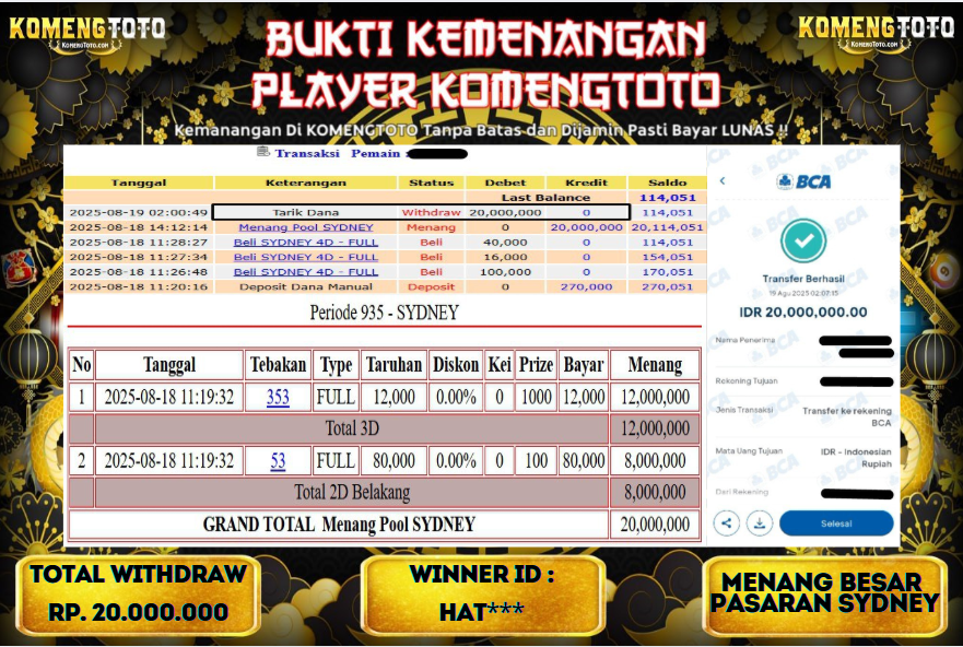 LAGI & LAGI!! KEMENANGAN BESAR DI PASARAN SYDNEY SEBESAR Rp.20.000.000 KOMENGTOTO BAYAR LUNAS SECEPAT KILAT !! KOMENGTOTO BAYAR SECEPAT KILAT !!