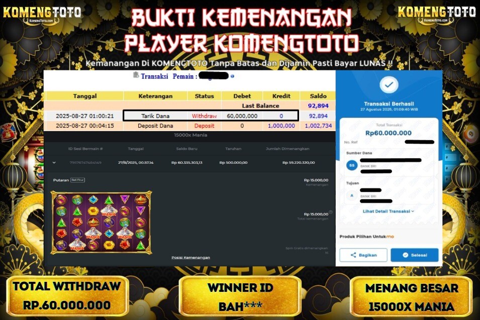 LAGI & LAGI!! KEMENANGAN BESAR DI 15000X MANIA SEBESAR Rp.60.000.000 KOMENGTOTO BAYAR LUNAS SECEPAT KILAT !! KOMENGTOTO BAYAR SECEPAT KILAT !!