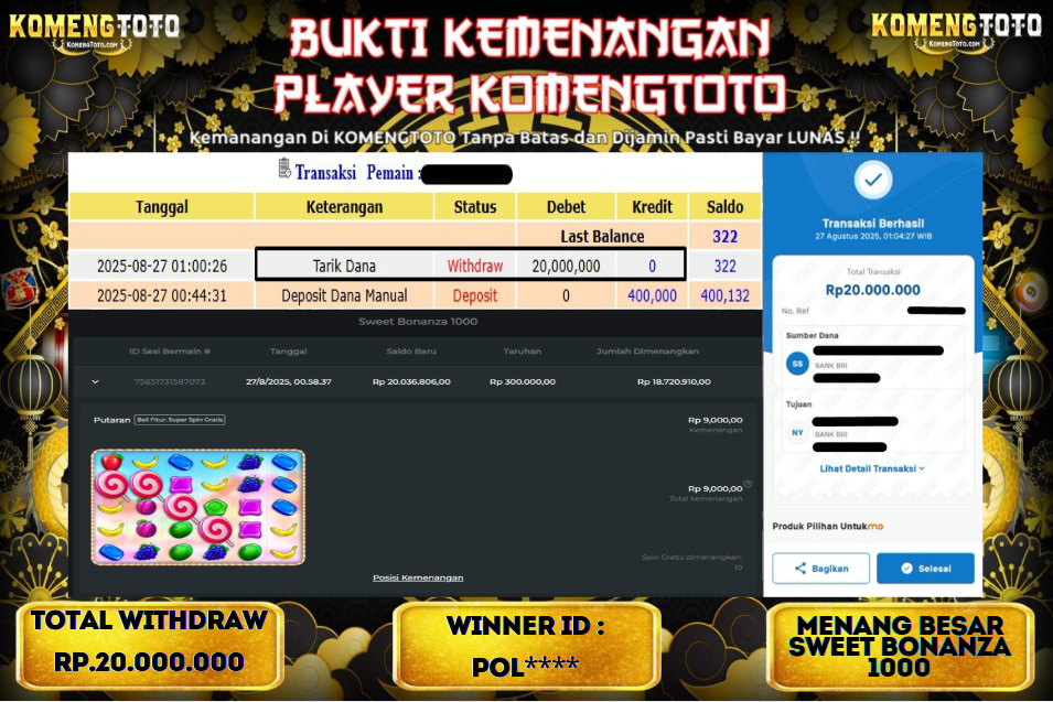 LAGI & LAGI!! KEMENANGAN BESAR DI SLOT SWEET BONANZA 1000  SEBESAR Rp.20.000.000 KOMENGTOTO BAYAR LUNAS SECEPAT KILAT !! KOMENGTOTO BAYAR SECEPAT KILAT !!