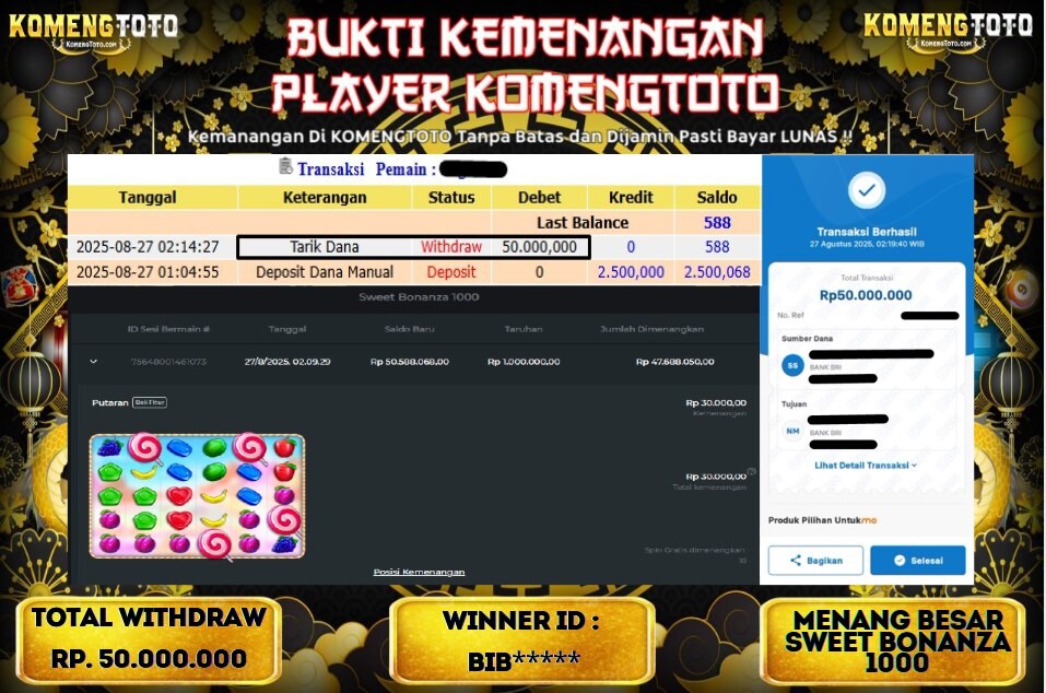 LAGI & LAGI!! KEMENANGAN BESAR DI SLOT SWEET BONANZA 1000  SEBESAR Rp.50.000.000 KOMENGTOTO BAYAR LUNAS SECEPAT KILAT !! KOMENGTOTO BAYAR SECEPAT KILAT !!