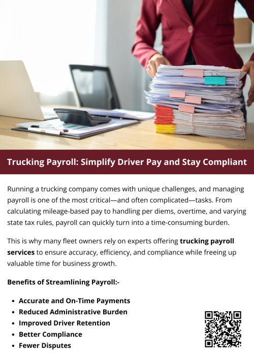 Simplifying trucking payroll isn’t just about making payday easier—it’s about building a foundation of trust with your drivers, staying compliant with ever-changing regulations, and keeping operations running smoothly. Whether through advanced software or the support of industry specialists offering trucking payroll services, the right approach to payroll can save your company time, money, and headaches, allowing you to focus on keeping your trucks—and your business—moving forward. To know more visit here https://www.truckersprocpa.ca/trucking-payroll-services