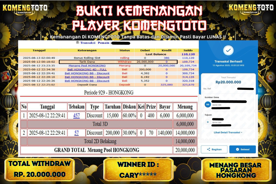 LAGI & LAGI!! KEMENANGAN BESAR DI PASARAN HONGKONG SEBESAR Rp.20.000.000 KOMENGTOTO BAYAR LUNAS SECEPAT KILAT !! KOMENGTOTO BAYAR SECEPAT KILAT !!