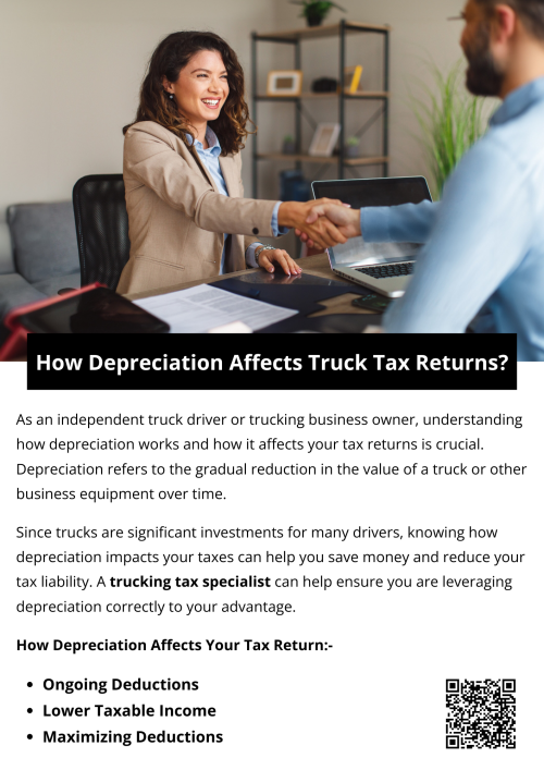 Depreciation plays a significant role in managing the tax returns for independent truck drivers. By understanding how depreciation affects your tax return, you can make informed decisions about your truck purchases and maximize your tax deductions. Working with a trucking tax specialist ensures you’re correctly applying depreciation rules and taking advantage of all available deductions, ultimately saving you money and minimizing your tax burden. To know more visit here https://www.truckersprocpa.ca/trucking-tax-planning-preparation-services