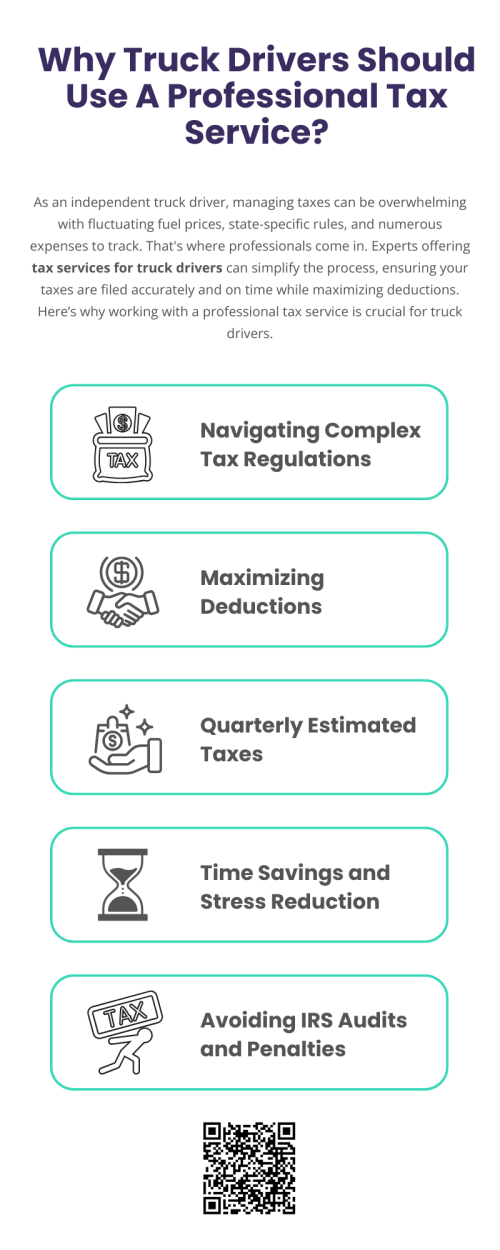 For truck drivers, using a professional tax service is not just a convenience—it’s a necessity. With the complexity of the industry’s tax laws, the variety of deductions available, and the need to stay compliant with federal and state regulations, a tax expert offering tax services for truck drivers can save you time, money, and stress. By working with professionals who specialize in the trucking industry, you ensure that your taxes are filed accurately, you take full advantage of every possible deduction, and you reduce the risk of audits or penalties. To know more visit here https://www.truckersprocpa.ca/trucking-tax-planning-preparation-services