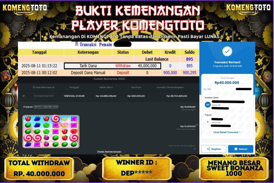 LAGI & LAGI!! KEMENANGAN BESAR DI SLOT SWEET BONANZA 1000  SEBESAR Rp.40.000.000 KOMENGTOTO BAYAR LUNAS SECEPAT KILAT !! KOMENGTOTO BAYAR SECEPAT KILAT !!