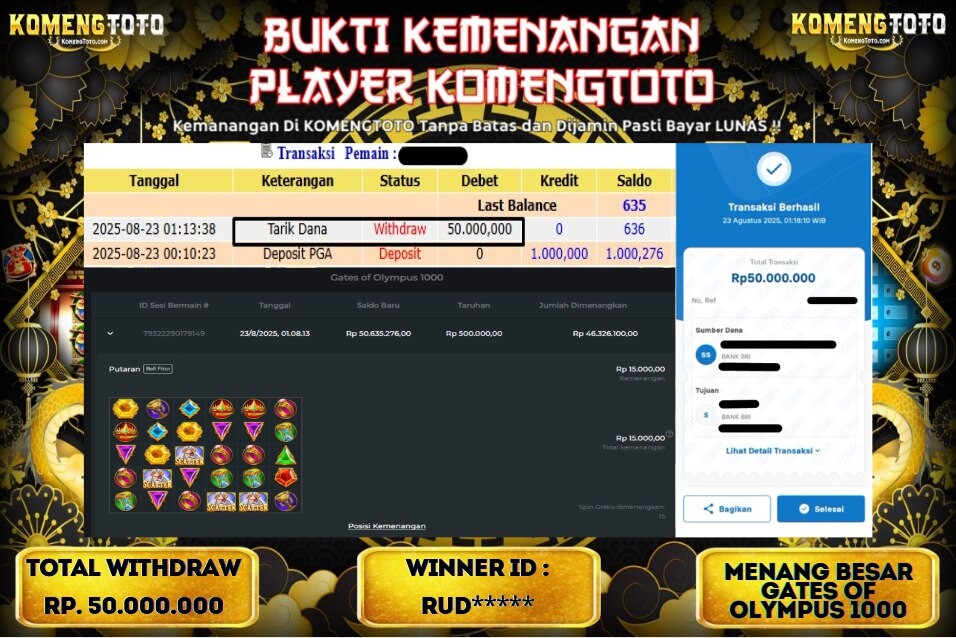 LAGI & LAGI!! KEMENANGAN BESAR DI SLOT GATES OF OLYMPUS 1000  SEBESAR Rp.50.000.000 KOMENGTOTO BAYAR LUNAS SECEPAT KILAT !! KOMENGTOTO BAYAR SECEPAT KILAT !!