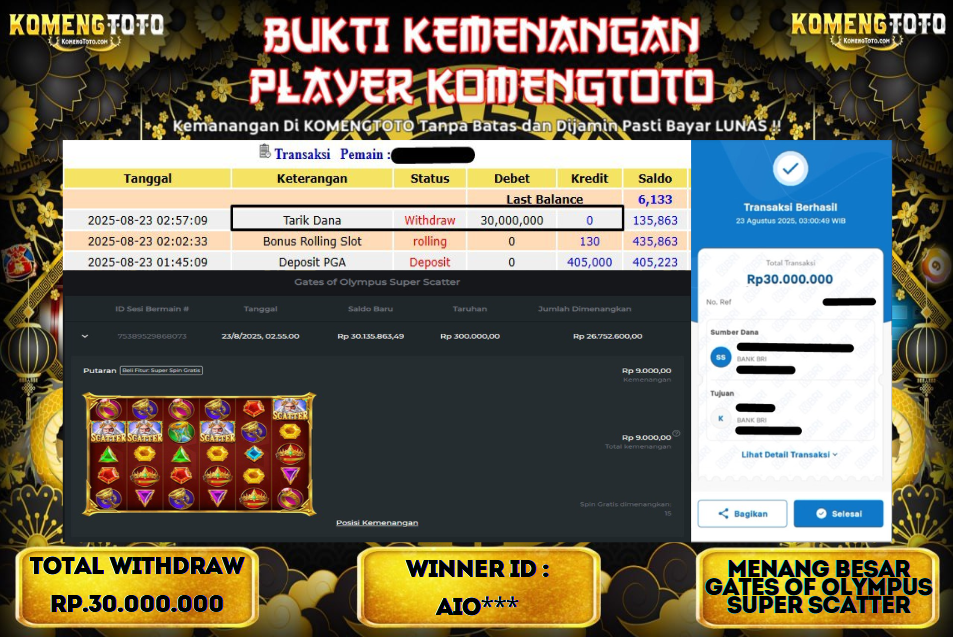 LAGI & LAGI!! KEMENANGAN BESAR DI SLOT GATES OF OLYMPUS SUPER SCATTER  SEBESAR Rp.30.000.000 KOMENGTOTO BAYAR LUNAS SECEPAT KILAT !! KOMENGTOTO BAYAR SECEPAT KILAT !!