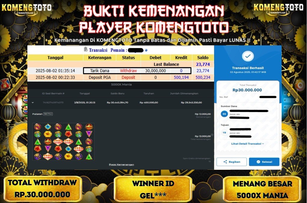 LAGI & LAGI!! KEMENANGAN BESAR DI SLOT 5000X MANIA SEBESAR Rp.30.000.000 KOMENGTOTO BAYAR LUNAS SECEPAT KILAT !! KOMENGTOTO BAYAR SECEPAT KILAT !!