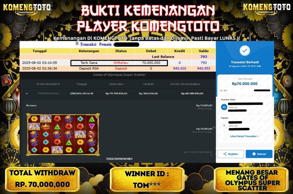 LAGI & LAGI!! KEMENANGAN BESAR DI SLOT GATES OF OLYMPYUS SUPER SCATTER  SEBESAR Rp.70.000.000 KOMENGTOTO BAYAR LUNAS SECEPAT KILAT !! KOMENGTOTO BAYAR SECEPAT KILAT !!
