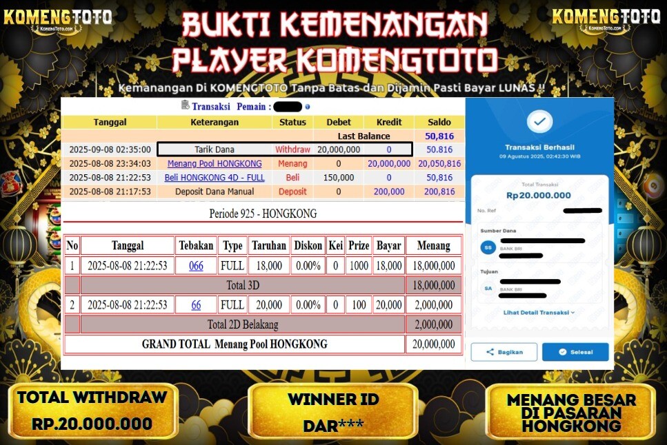 LAGI & LAGI!! KEMENANGAN BESAR DI PASARAN HONGKONG SEBESAR Rp.20.000.00 KOMENGTOTO BAYAR LUNAS SECEPAT KILAT !! KOMENGTOTO BAYAR SECEPAT KILAT !!