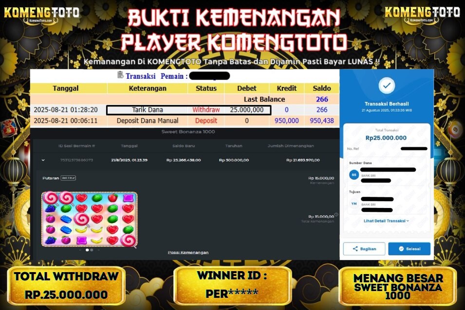 LAGI & LAGI!! KEMENANGAN BESAR DI SLOT SWEET BONANZA 1000  SEBESAR Rp.25.000.000  KOMENGTOTO BAYAR LUNAS SECEPAT KILAT !! KOMENGTOTO BAYAR SECEPAT KILAT !!