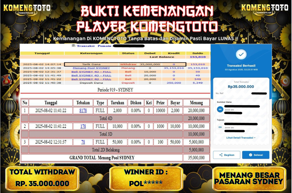 LAGI & LAGI!! KEMENANGAN BESAR DI PASARAN SYDNEY  SEBESAR Rp.35.000.000 KOMENGTOTO BAYAR LUNAS SECEPAT KILAT !! KOMENGTOTO BAYAR SECEPAT KILAT !!