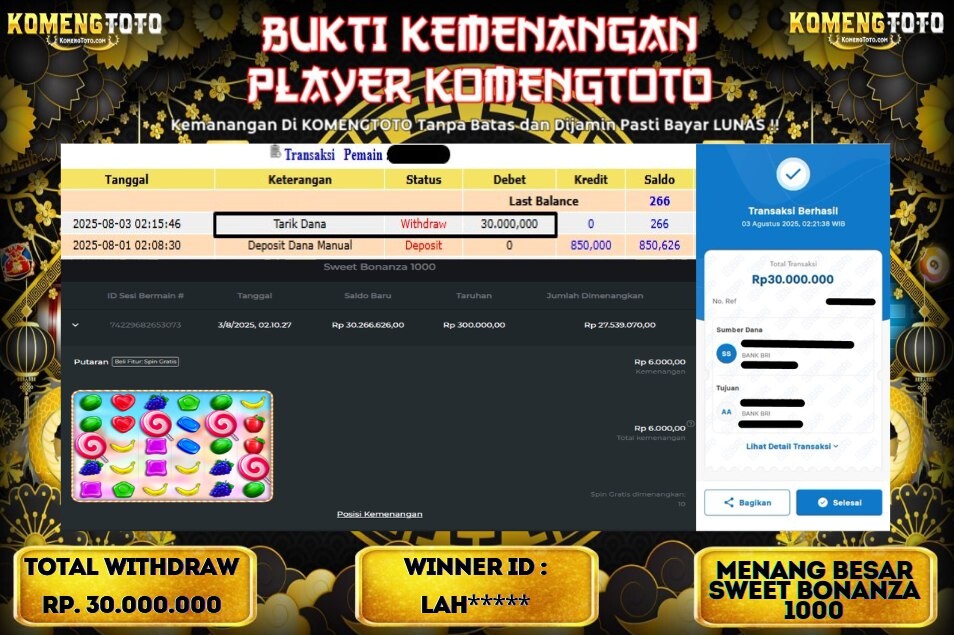 LAGI & LAGI!! KEMENANGAN BESAR DI SLOT SWEET BONANZA 1000  SEBESAR Rp.30.000.000 KOMENGTOTO BAYAR LUNAS SECEPAT KILAT !! KOMENGTOTO BAYAR SECEPAT KILAT !!